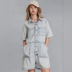 Umgee Romper Lightweight Button Light Blue Wash Large